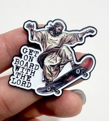 "Get on Board With the Lord" Jesus Skateboarding Enamel Pin | Christian Faith Pin